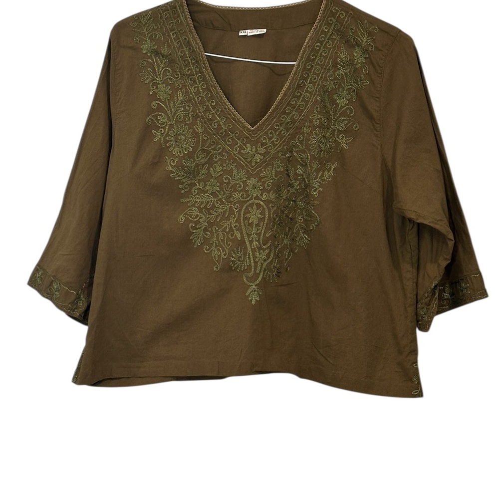 Olive Embroidered V-Neck Women's Blouse- Cotton